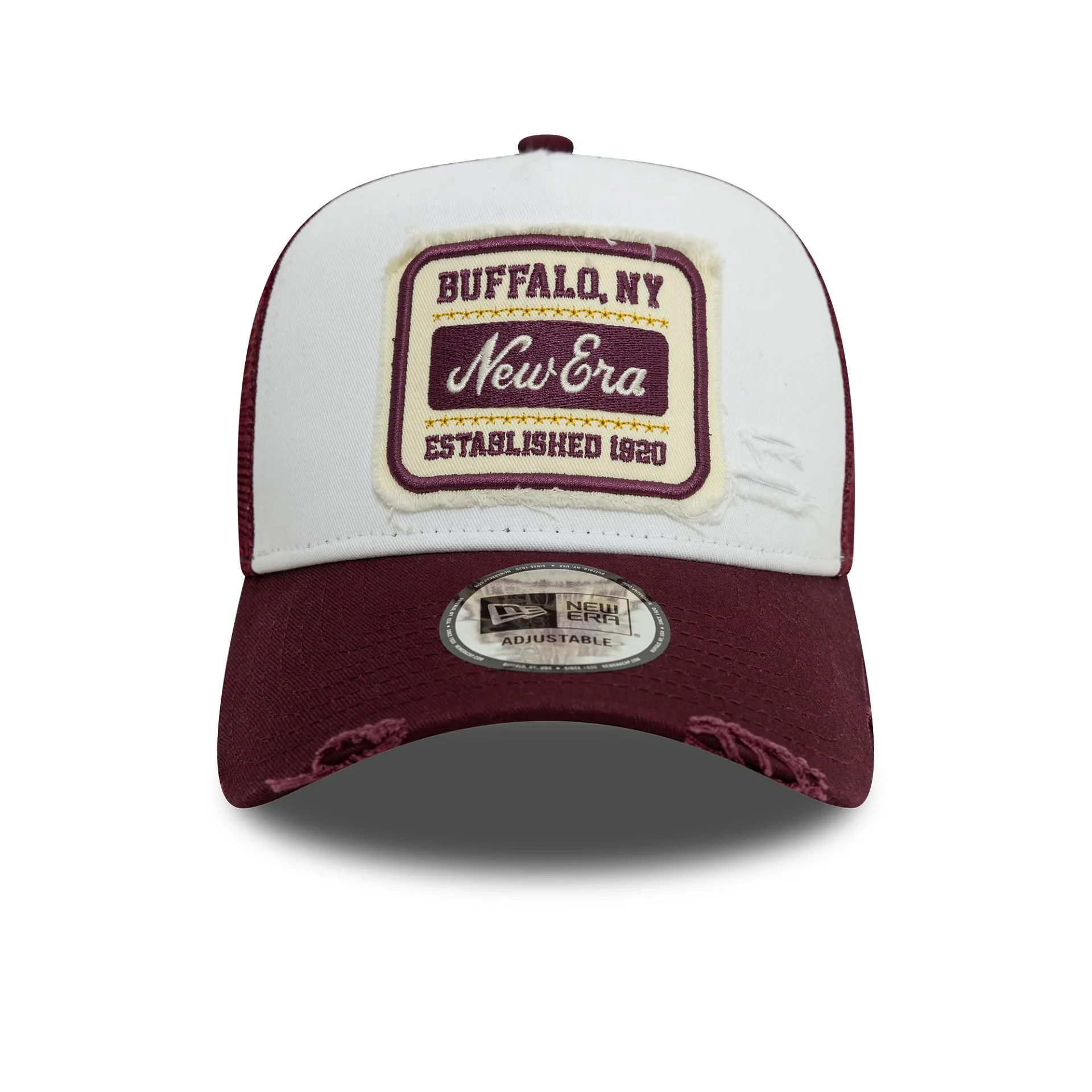 New Era Patch Distressed Dark Red 9FORTY A-Frame Trucker Adjustable Cap - Image 3